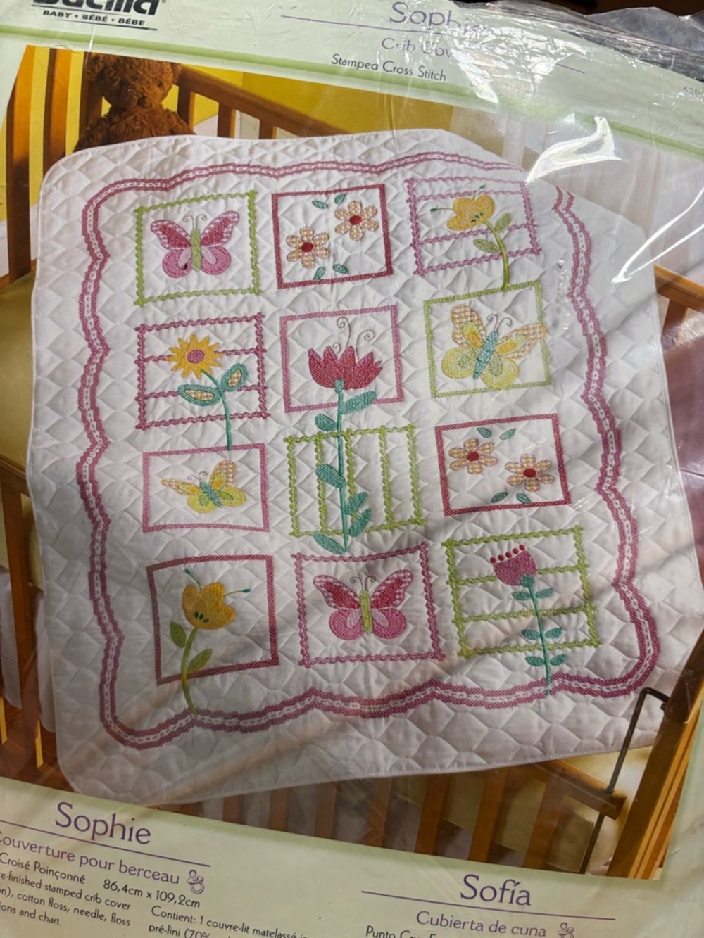 Bucilla "Sophie" Flowers and Butterflies Stamped Cross Stitch Crib Cover Kit - Picture 8 of 10